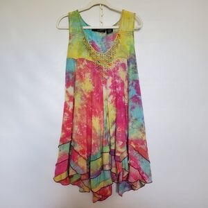 DENIM 24/7 TIE-DYE TOP TUNIC EASTER VIBRANT COLORS BEADED SLEEVELESS WOMEN (18W)